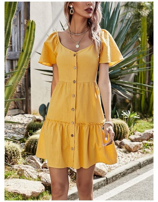 Summer Dress Solid Color V-Neck Short Sleeve Single Breasted Flounced Hem Short A-Line Dresses - Image 2