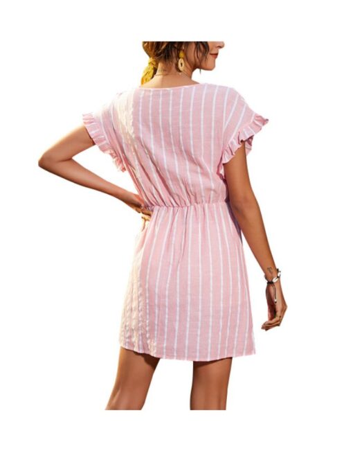 Women Striped Ruffled Short Sleeve Round Neck Casual Short A-Line Summer Dress - Image 2