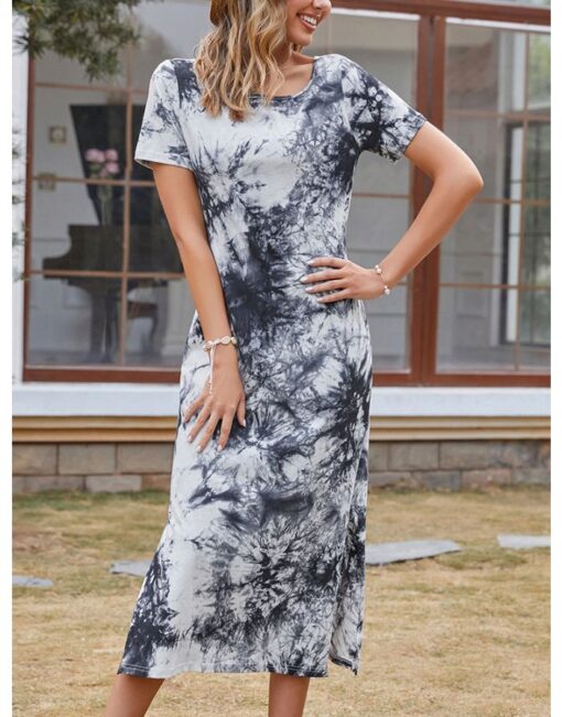 Summer Dress Off the Shoulder Short Sleeve Printed Long Split Casual Dresses - Image 2
