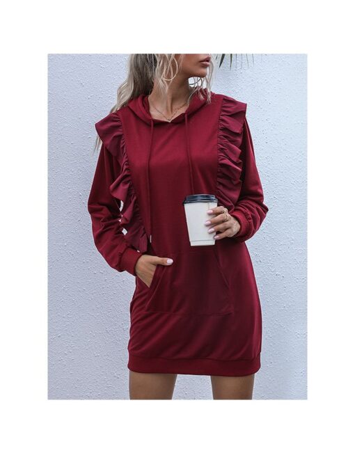 Women Fall Winter Long Sleeve Hooded Ruffled Solid Color Short Sweatshirt Dress - Image 2