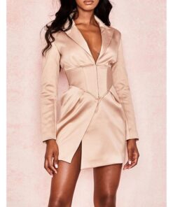 Women Long Sleeve Deep V-Neck Lapel Suit Coat Irregular Short Work Dress Party Evening Dresses