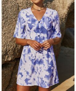 Summer Dress V-Neck Short Sleeve Tie Dye Single Breasted Casual Short Dresses