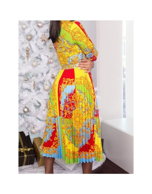Spring Fall Women Long Sleeve Lapel Printed Single Breasted Pleated Casual Long Swing Dress - Image 2