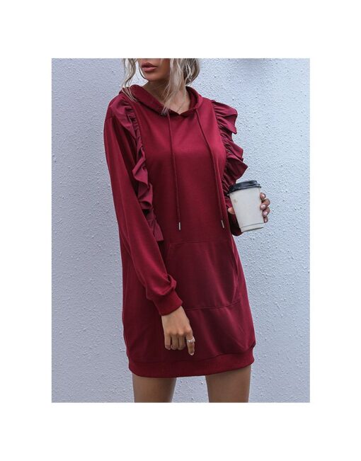 Women Fall Winter Long Sleeve Hooded Ruffled Solid Color Short Sweatshirt Dress - Image 3