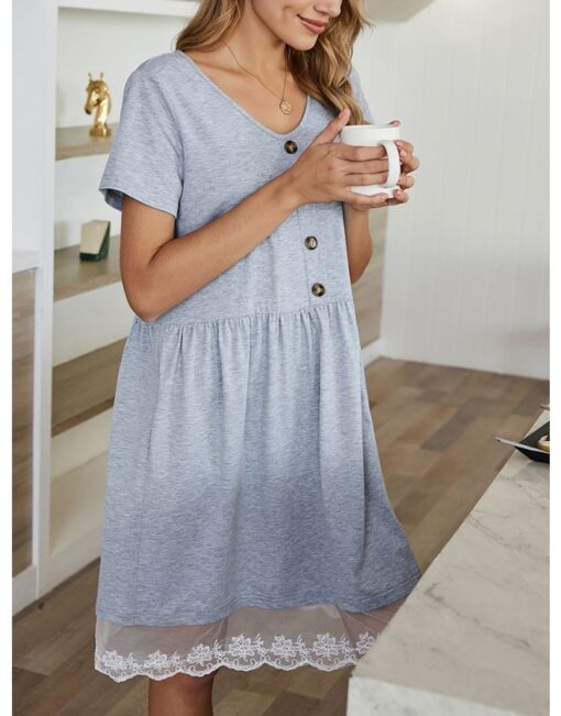 Spring Summer Women Lace Gauze Stitching V-Neck Short Sleeve Single Breasted Casual Midi Dress - Image 3