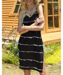 Slip Dress Women Striped V-Neck Midi Split Black Summer Dresses