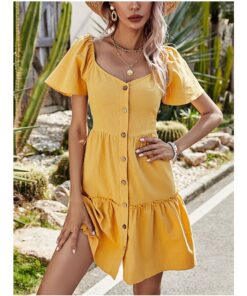 Summer Dress Solid Color V-Neck Short Sleeve Single Breasted Flounced Hem Short A-Line Dresses