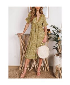 Summer Dress Women V-Neck Bowknot Ruffled Short Sleeve Floral Printed Bohemian Long Dresses