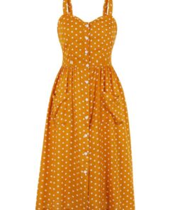 Yellow Dress Summer Straps Backless Pleated Polka Dot Printed Single Breasted Pockets Casual Midi Dresses