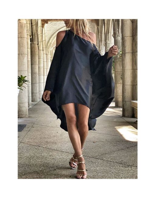 Spring Summer Oblique Cold Shoulder Printed Striped Irregular Loose Cape Beach Holiday Midi Dress - Image 2