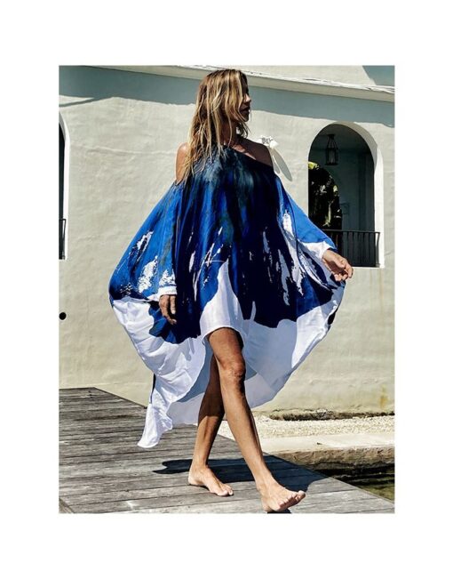 Spring Summer Oblique Cold Shoulder Printed Striped Irregular Loose Cape Beach Holiday Midi Dress - Image 3