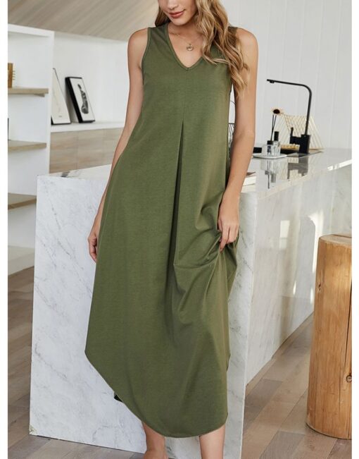 Summer Dress Women Sleeveless V-Neck Solid Color Vest Dress Irregular Loose Casual Long Dresses - Image 2