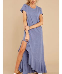 Women Plus Size Short Sleeve Round Neck Irregular Ruffled Maxi Split Loose Casual Summer Dress