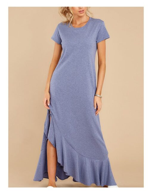 Women Plus Size Short Sleeve Round Neck Irregular Ruffled Maxi Split Loose Casual Summer Dress - Image 2