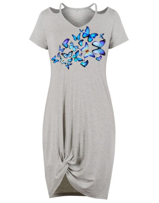 Cold Shoulder Short Sleeve V-Neck Butterflies Printed Irregular Short Casual Summer Dress - Image 2