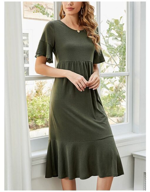 Spring Summer Solid Color Short Sleeve Round Neck Draped Flounced Hem Midi A-Line Dresses - Image 3
