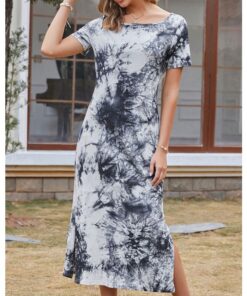 Summer Dress Off the Shoulder Short Sleeve Printed Long Split Casual Dresses