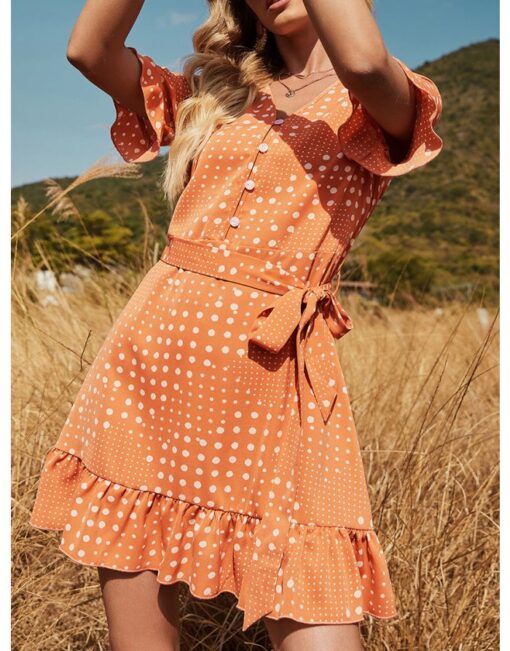 Summer Dress Ruffled Short Sleeve V-Neck Single Breasted Polka Dot Printed Stitching Belted Casual A-Line Dresses - Image 3