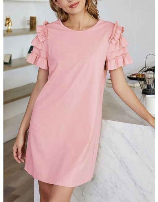 Summer Dress Women Solid Color Round Neck Ruffled Short Sleeve Casual Short A-Line Dresses - Image 2