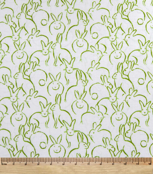 Bunnies Green On White In Full Bloom Easter Cotton Fabric - Image 2
