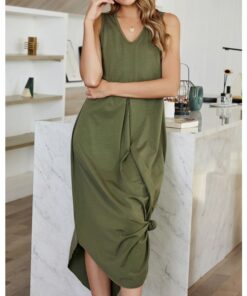 Summer Dress Women Sleeveless V-Neck Solid Color Vest Dress Irregular Loose Casual Long Dresses