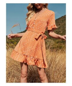 Summer Dress Ruffled Short Sleeve V-Neck Single Breasted Polka Dot Printed Stitching Belted Casual A-Line Dresses