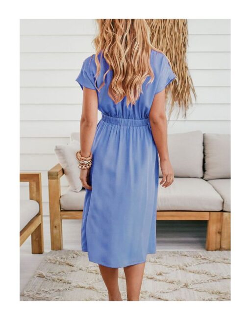 Spring Summer Short Sleeve V-Neck Single Breasted Solid Color Belted Midi Casual Dresses - Image 3