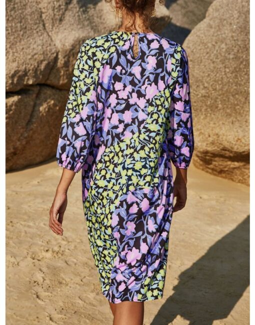 Women Loose Long Sleeve Round Neck Floral Printed Stitching Color Casual Midi Dress - Image 3