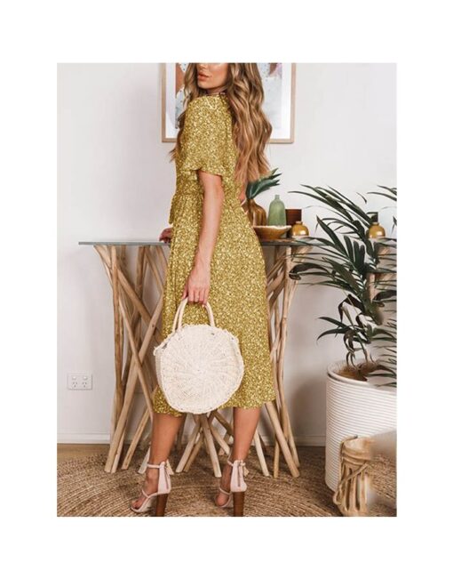 Summer Dress Women V-Neck Bowknot Ruffled Short Sleeve Floral Printed Bohemian Long Dresses - Image 2
