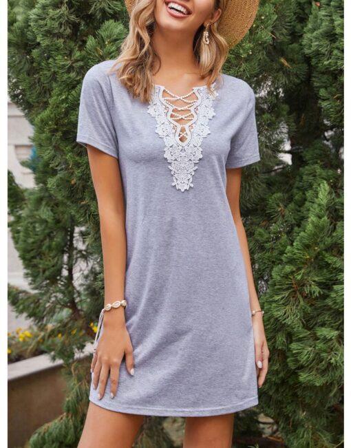 Spring Summer Women Lace Hollow Stitching V-Neck Short Sleeve Loose Knitted Casual A-Line Dress - Image 2