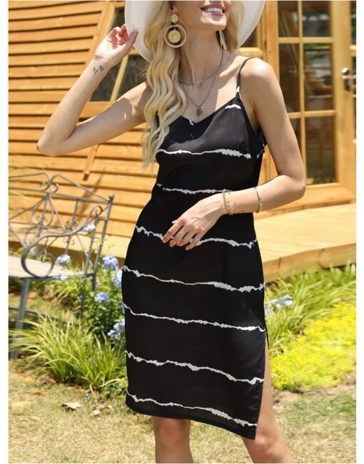 Slip Dress Women Striped V-Neck Midi Split Black Summer Dresses - Image 2