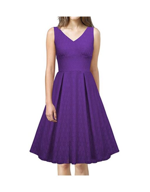 Purple Dress Sleeveless V-Neck Jacquard Solid Color Homecoming Dress Midi Swing Party Evening Dresses - Image 2