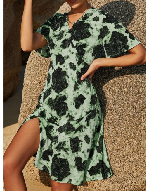 Summer Dress Printed V-Neck Short Sleeve Split Flounced Hem Midi A-Line Dresses - Image 3