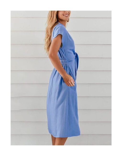 Spring Summer Short Sleeve V-Neck Single Breasted Solid Color Belted Midi Casual Dresses - Image 2