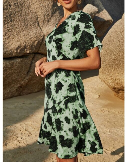 Summer Dress Printed V-Neck Short Sleeve Split Flounced Hem Midi A-Line Dresses - Image 2
