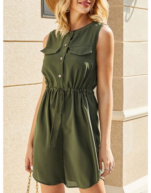 Spring Summer Sleeveless Round Neck Single Breasted Drawstring Short Casual Dress - Image 3