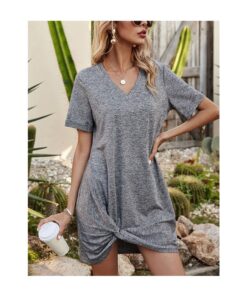 Summer Dress Short Sleeve V-Neck Solid Color Irregular Bowknot Short A-Line Dresses