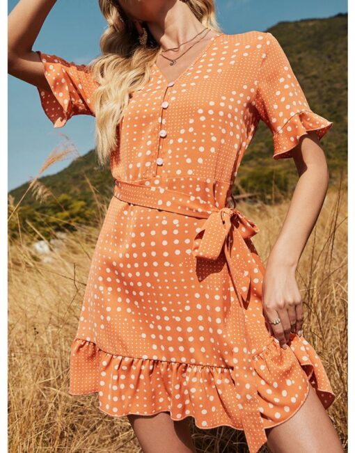 Summer Dress Ruffled Short Sleeve V-Neck Single Breasted Polka Dot Printed Stitching Belted Casual A-Line Dresses - Image 2