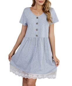 Spring Summer Women Lace Gauze Stitching V-Neck Short Sleeve Single Breasted Casual Midi Dress