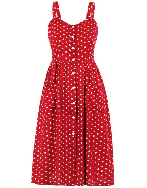 Yellow Dress Summer Straps Backless Pleated Polka Dot Printed Single Breasted Pockets Casual Midi Dresses - Image 3