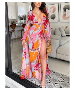 Women Long Sleeve Deep V-Neck Multi-color Printed Belted Maxi Split Casual Holiday Dress