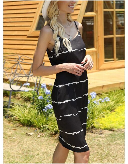 Slip Dress Women Striped V-Neck Midi Split Black Summer Dresses - Image 3