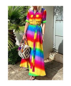 Multicolor Dress Rainbow Striped Half-sleeve Lapel Single Breasted Belted Casual Maxi Summer Dresses
