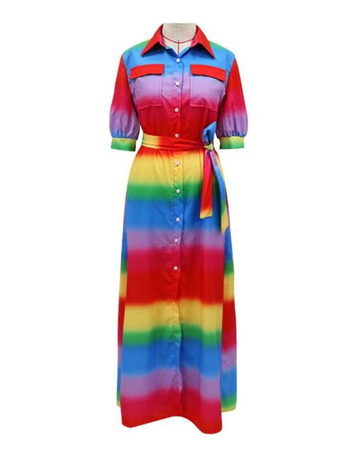 Multicolor Dress Rainbow Striped Half-sleeve Lapel Single Breasted Belted Casual Maxi Summer Dresses - Image 3