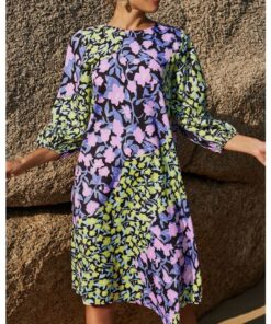 Women Loose Long Sleeve Round Neck Floral Printed Stitching Color Casual Midi Dress