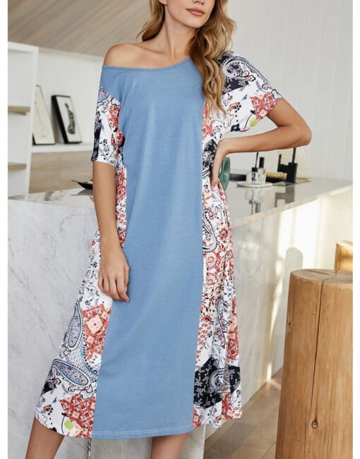 Spring Summer Women Stitching Color Printed Short Sleeve Round Neck Loose Casual Long Dresses - Image 2