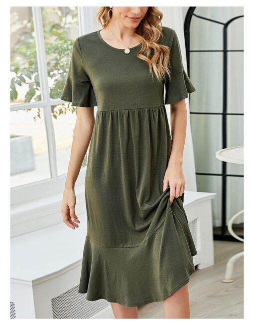 Spring Summer Solid Color Short Sleeve Round Neck Draped Flounced Hem Midi A-Line Dresses - Image 2