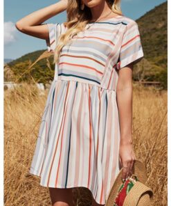 Summer Dress Loose Short Sleeve Round Neck Multicolor Striped Casual A-Line Dresses