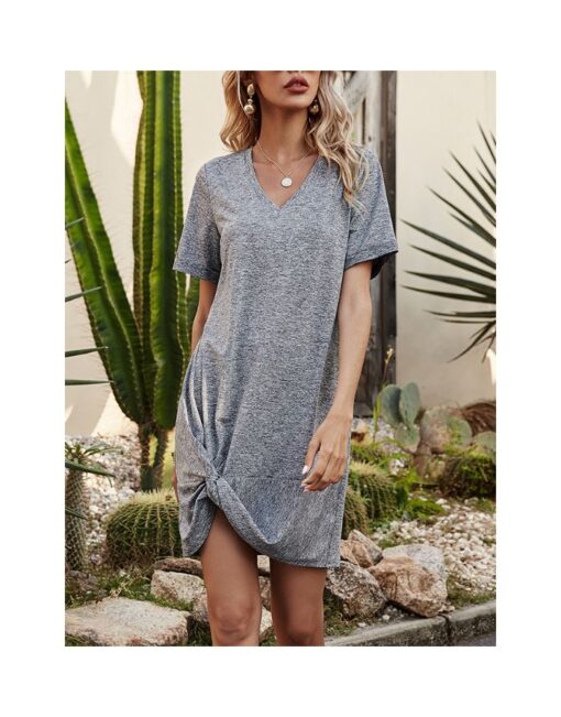 Summer Dress Short Sleeve V-Neck Solid Color Irregular Bowknot Short A-Line Dresses - Image 2