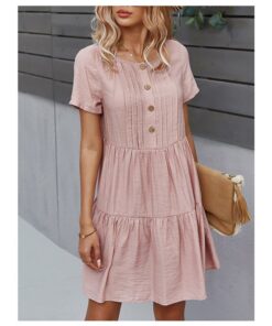 Summer Dress Solid Color Short Sleeve Round Neck Single Breasted Casual Short Dresses